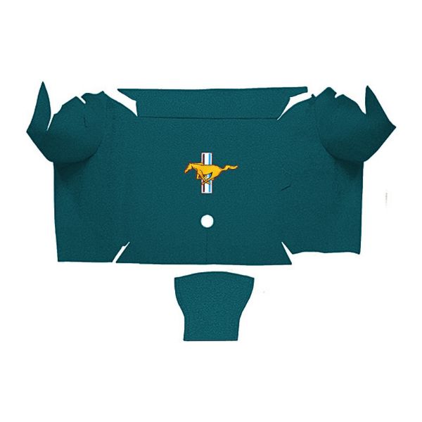 Illustration of 1967-1968 Ford Mustang Convertible Trunk Kit Floor Only trunk mat Nylon, 2 piece, in 605 Aqua with the #3 Mustang Gold Running Pony logo