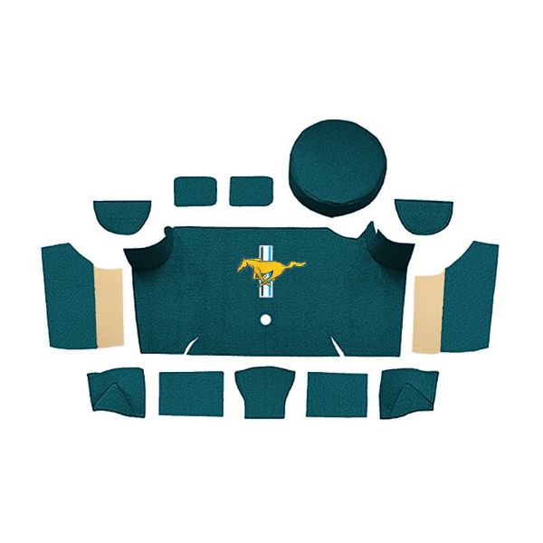 Illustration of 1967-1968 Ford Mustang Fastback Trunk Kit with Boards trunk mat Nylon, 13 piece, in 605 Aqua with the #3 Mustang Gold Running Pony logo