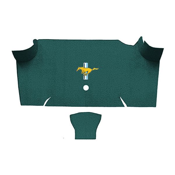 Illustration of 1967-1968 Ford Mustang Fastback Trunk Kit Floor Only trunk mat Loop, 2 piece, in 05 Aqua with the #3 Mustang Gold Running Pony logo