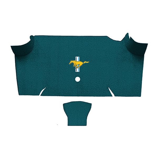 Illustration of 1967-1968 Ford Mustang Fastback Trunk Kit Floor Only trunk mat Nylon, 2 piece, in 605 Aqua with the #3 Mustang Gold Running Pony logo