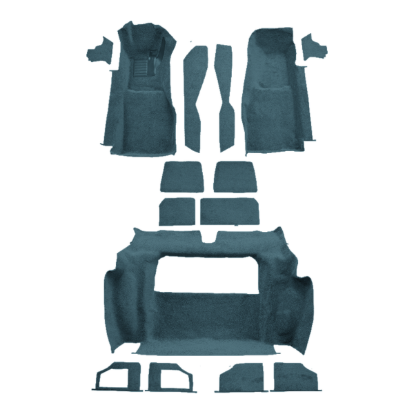 Illustration of 1981-1982 Chevrolet Corvette Complete without Door Panels Cutpile Molded Carpet - 15 Piece in 7766 Blue, digitally recolored from the ACC supplier photo.