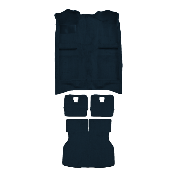 Illustration of 1984-1986 Ford Mustang Hatchback Complete Cutpile Molded Carpet - 4 Piece in 9304 Regatta Blue, digitally recolored from the ACC supplier photo.