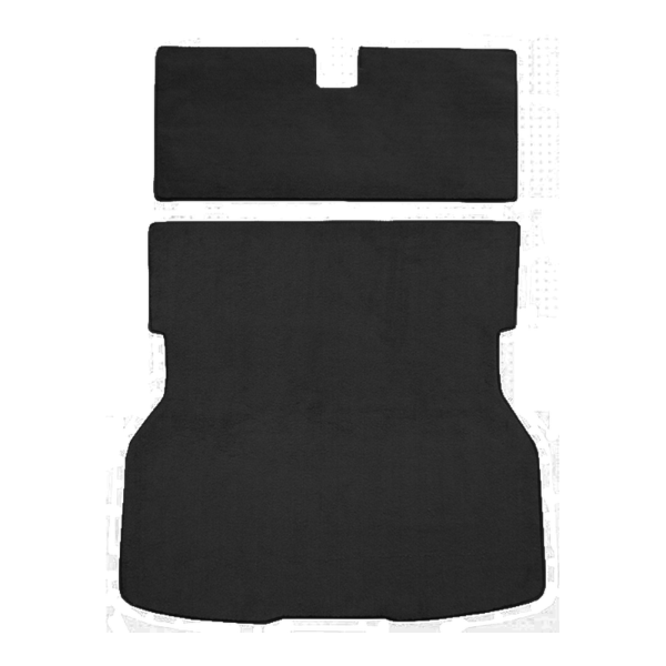 Illustration of 1983 Ford Mustang ACC Cutpile cargo area carpet in 801 Black, digitally recolored from the ACC supplier photo