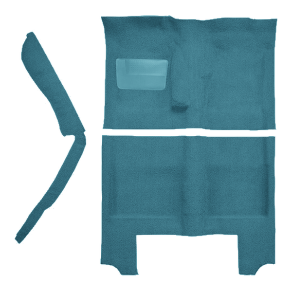 Illustration of 1964-1966 Plymouth Barracuda 4spd with Console Strip Pass Area Loop Molded Carpet - 3 Piece in 09 Medium Blue, digitally recolored from the ACC supplier photo.