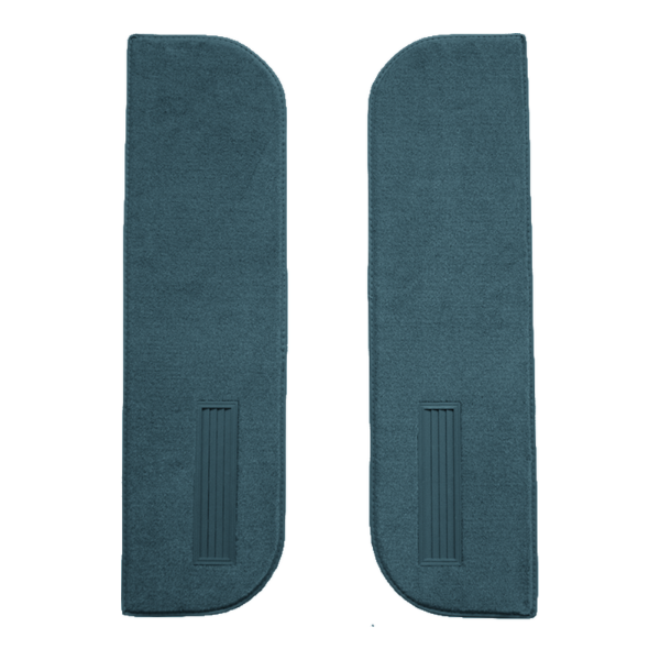 Illustration of 1975-1977 Chevrolet K5 Blazer Door Panel Inserts on Cardboard w/Vents Cutpile Carpet - 2 Piece in 7766 Blue, digitally recolored from the ACC supplier photo.