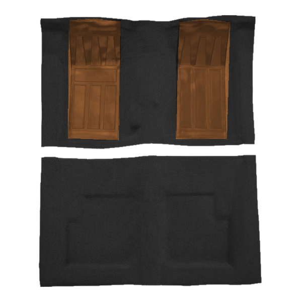 Illustration of 1971 Ford Torino ACC Loop molded carpet in 01 Black with Dark Saddle inserts, digitally recolored from the ACC supplier photo