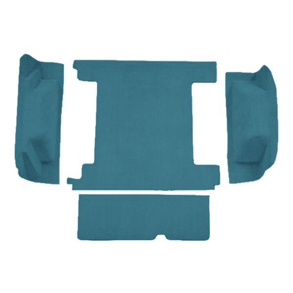 Illustration of 1966-1973 Ford Bronco 2 Gas Tanks with Tailgate Lock Cargo Area Loop Molded Carpet - 4 Piece in 09 Medium Blue, digitally recolored from the ACC supplier photo.