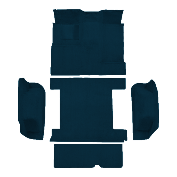 Illustration of 1977 Ford Bronco Complete with Tailgate Lock Cutpile Molded Carpet - 5 Piece in 7879 Blue, digitally recolored from the ACC supplier photo.