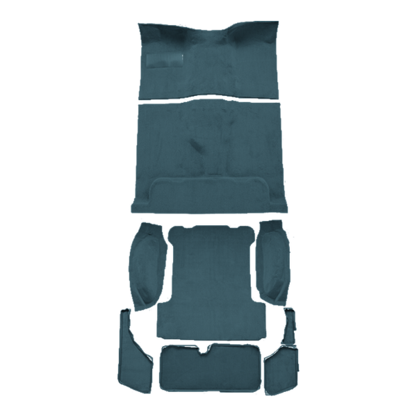 Illustration of 1984-1991 Jeep Grand Wagoneer Complete Cutpile Molded Carpet - 9 Piece in 7766 Blue, digitally recolored from the ACC supplier photo.