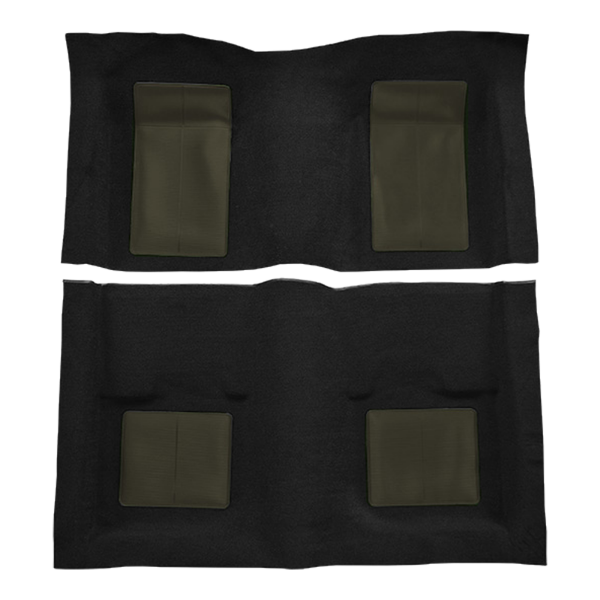 Illustration of 1969 Ford Mustang ACC Nylon molded carpet in 601 Black with Green inserts, digitally recolored from the ACC supplier photo