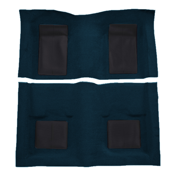 Illustration of 1969 Ford Mustang Mach I with 4 Dark Blue Inserts without Shifter Cut Fastback Nylon Molded Carpet - 2 Piece in 602 Dark Blue, digitally recolored from the ACC supplier photo.