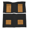 Illustration of 1969 Ford Mustang ACC Nylon molded carpet in 601 Black with Medium Saddle inserts, digitally recolored from the ACC supplier photo