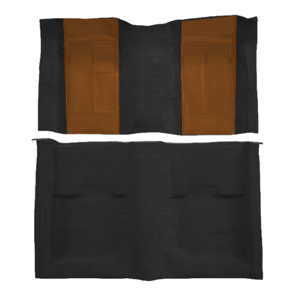 Illustration of 1970 Ford Mustang ACC Nylon molded carpet in 601 Black with Medium Saddle inserts, digitally recolored from the ACC supplier photo