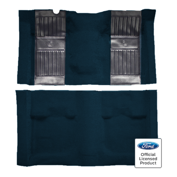 Illustration of 1971-1973 Ford Mustang Mach 1 with 2 Dark Blue Running Pony Inserts without Shifter Cut Fastback Nylon Molded Carpet - 2 Piece in 602 Dark Blue, digitally recolored from the ACC supplier photo.