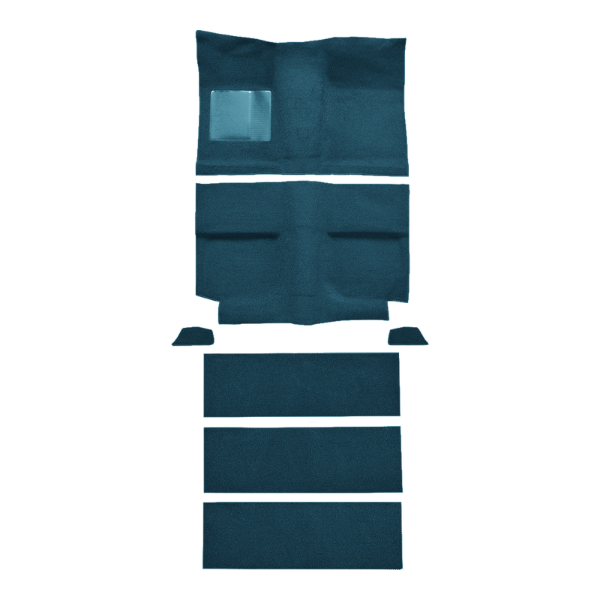 Illustration of 1964 Ford Mustang Fastback with Folddowns without Shifter Hole Nylon Molded Carpet - 7 Piece in 606 Medium Blue, digitally recolored from the ACC supplier photo.