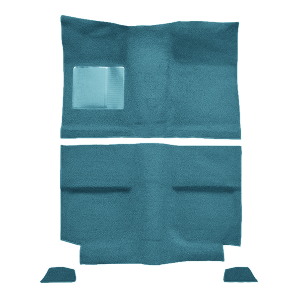 Illustration of 1964 Ford Mustang Fastback without Folddowns without Shifter Hole Pass Area Loop Molded Carpet - 4 Piece in 09 Medium Blue, digitally recolored from the ACC supplier photo.