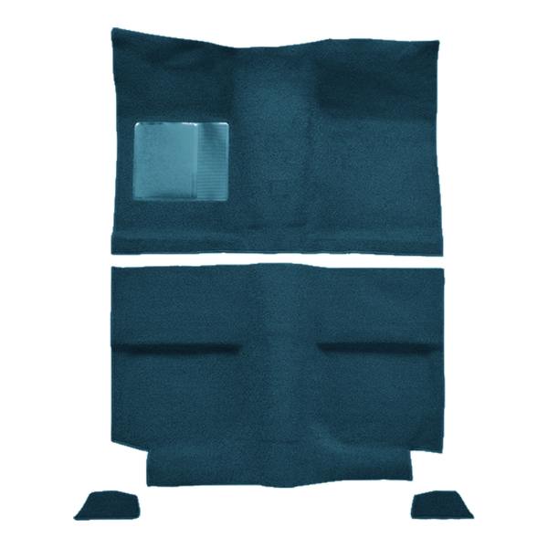 Illustration of 1964 Ford Mustang Fastback without Folddowns without Shifter Hole Pass Area Nylon Molded Carpet - 4 Piece in 606 Medium Blue, digitally recolored from the ACC supplier photo.