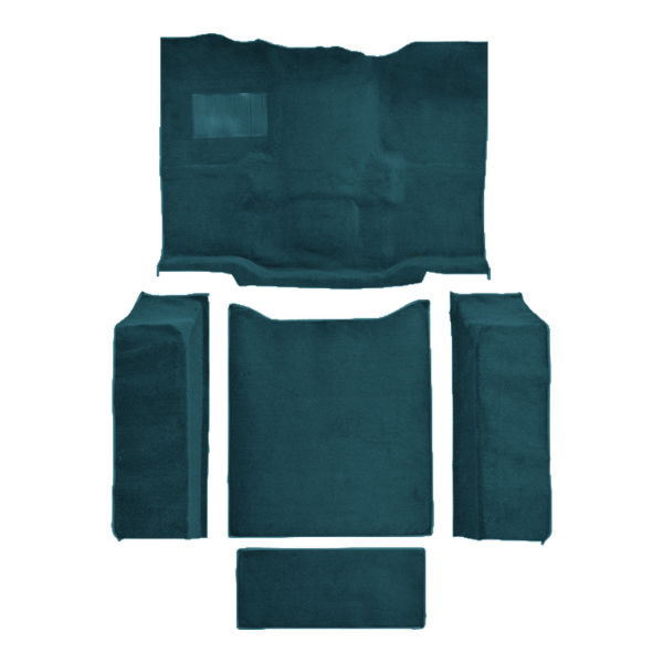 Illustration of 1976-1983 Jeep CJ5 Complete Cutpile Molded Carpet with Mass Backing - 5 Piece in 818 Ocean Blue / Bright Blue, digitally recolored from the ACC supplier photo.