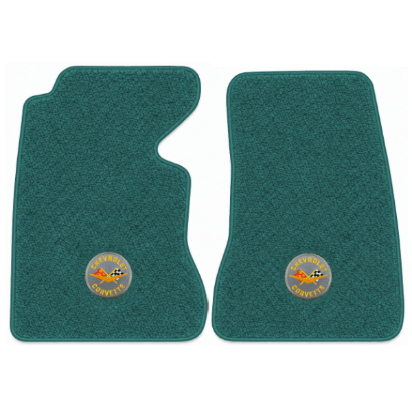 1956 Chevrolet Corvette floor mats with the Corvette Circle logo in Loop 05 Aqua carpet, illustration