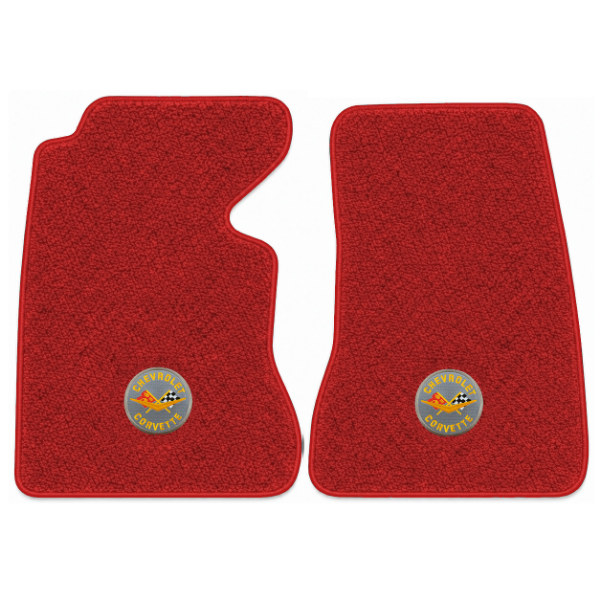 1962 Chevrolet Corvette floor mats with the Corvette Circle logo in Loop 02 Red carpet, illustration