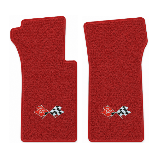 1963 Chevrolet Corvette floor mats with the 1968-72 Corvette Cross Flags logo in Loop 02 Red carpet, illustration