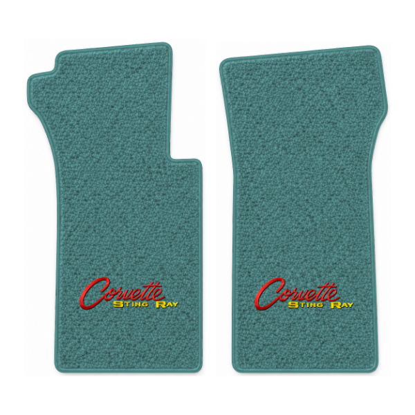 1965 Chevrolet Corvette floor mats with the Corvette Stingray logo in Loop 15 Teal carpet, illustration