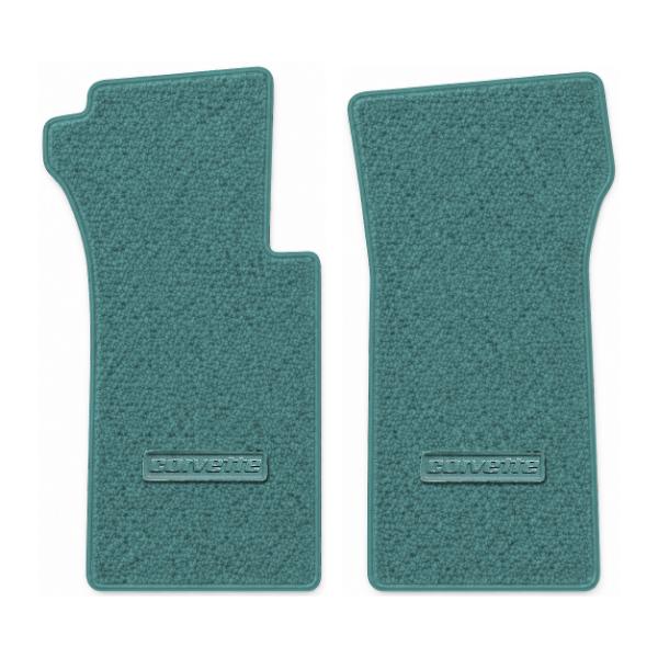 1966 Chevrolet Corvette floor mats with the Die-Electric 1976-82 Corvette logo in Loop 15 Teal carpet, illustration