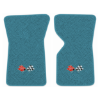 1968 Chevrolet Corvette floor mats with the 1968-72 Corvette Cross Flags logo in Loop 09 Medium Blue carpet, illustration