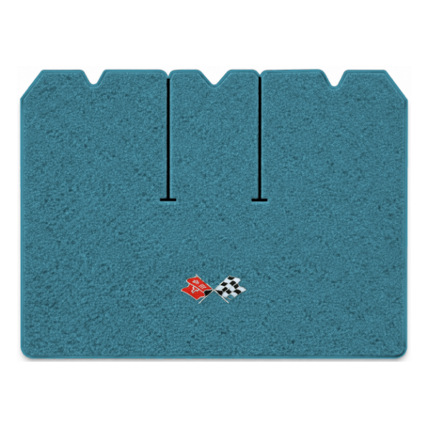 1968 Chevrolet Corvette cargo mat with the 1968-72 Corvette Cross Flags logo in Loop 09 Medium Blue carpet, illustration