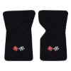 1968 Chevrolet Corvette floor mats with the 1968-72 Corvette Cross Flags logo in Loop 01 Black carpet, illustration