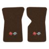 1968 Chevrolet Corvette floor mats with the 1968-72 Corvette Cross Flags logo in Loop 10 Dark Brown carpet, illustration