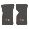 1968 Chevrolet Corvette floor mats with the 1968-72 Corvette Cross Flags logo in Loop 22 Gunmetal Gray carpet, illustration