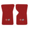1969 Chevrolet Corvette floor mats with the 1968-72 Corvette Cross Flags logo in Loop 02 Red carpet, illustration