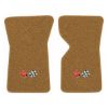 1969 Chevrolet Corvette floor mats with the 1968-72 Corvette Cross Flags logo in Loop 11 Medium Saddle carpet, illustration