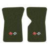 1969 Chevrolet Corvette floor mats with the 1968-72 Corvette Cross Flags logo in Loop 30 Dark Olive Green carpet, illustration