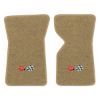 1969 Chevrolet Corvette floor mats with the 1968-72 Corvette Cross Flags logo in Cutpile 7140 Medium Saddle carpet, illustration