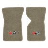 1969 Chevrolet Corvette floor mats with the 1968-72 Corvette Cross Flags logo in Essex 1076A Prairie Tan carpet, illustration