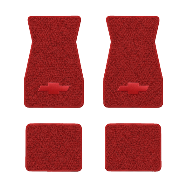 1967-1969 Chevrolet Camaro floor mats with the Chevy Bowtie logo in Loop 02 Red carpet, illustration