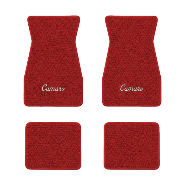 1967-1969 Chevrolet Camaro floor mats with the Camaro Script logo in Loop 02 Red carpet, illustration