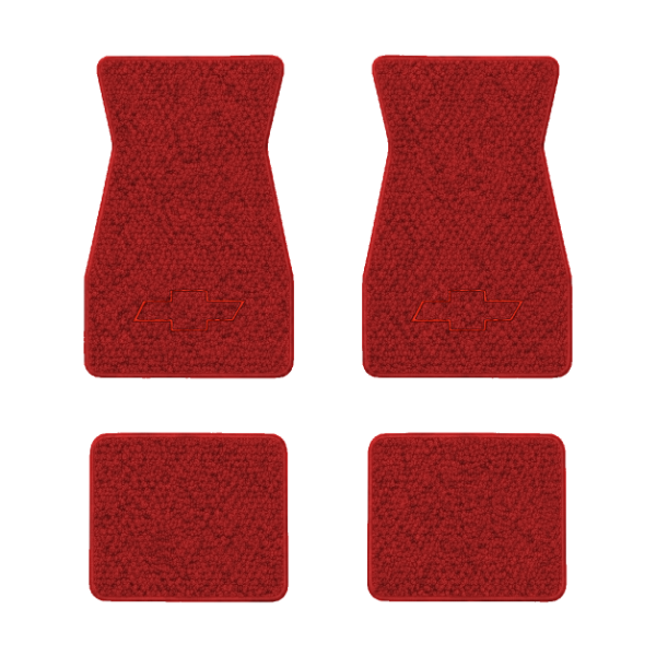 1967-1969 Chevrolet Camaro floor mats with the Chevy Bowtie Outline Only logo in Loop 02 Red carpet, illustration
