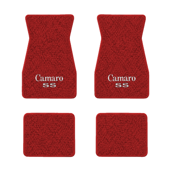 1967-1969 Chevrolet Camaro floor mats with the Camaro SS Block Letter logo in Loop 02 Red carpet, illustration