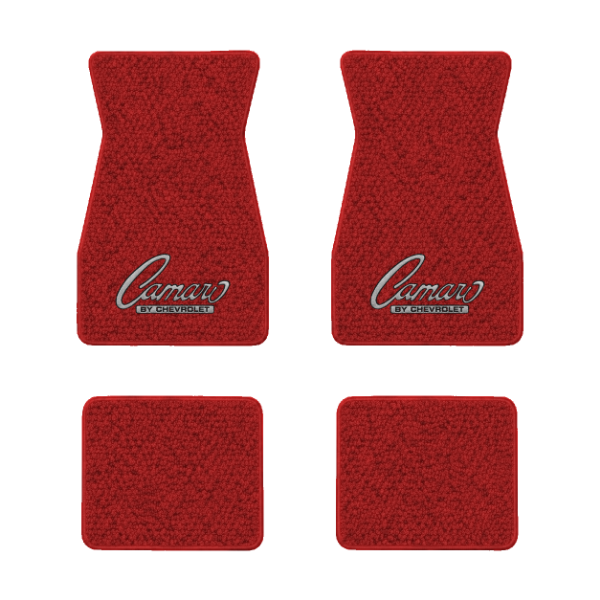 1967-1969 Chevrolet Camaro floor mats with the Camaro by Chevrolet Black Outline logo in Loop 02 Red carpet, illustration