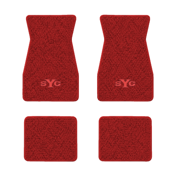 1967-1969 Chevrolet Camaro floor mats with the SYC logo in Loop 02 Red carpet, illustration