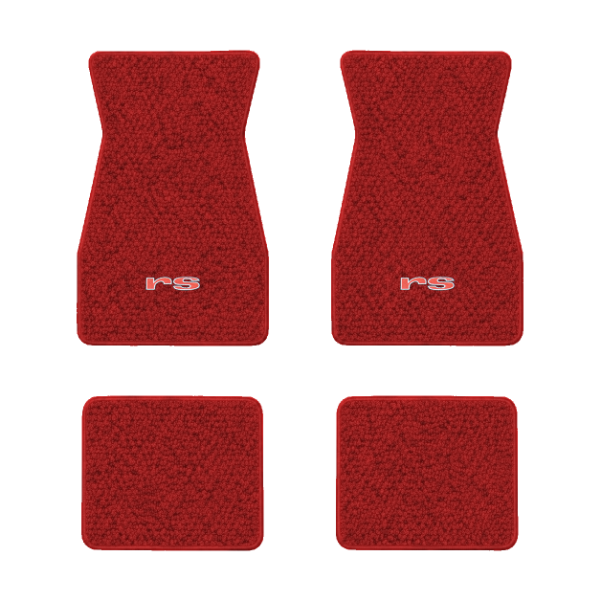 1967-1969 Chevrolet Camaro floor mats with the RS with Silver Outline logo in Loop 02 Red carpet, illustration