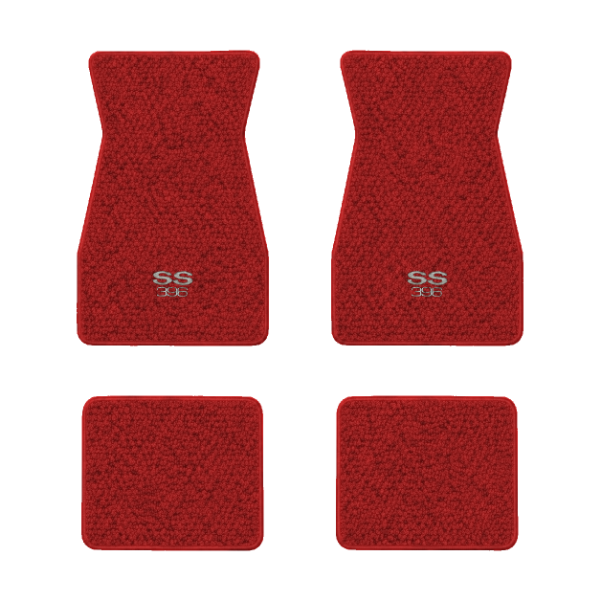 1967-1969 Chevrolet Camaro floor mats with the Small SS 396 logo in Loop 02 Red carpet, illustration