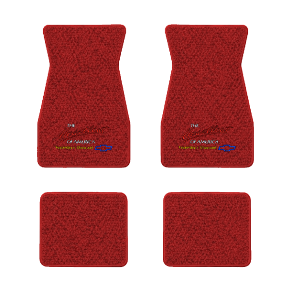 1967-1969 Chevrolet Camaro floor mats with the Yesterdays Chevrolet logo in Loop 02 Red carpet, illustration