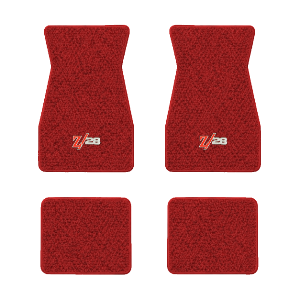 1970-1973 Chevrolet Camaro floor mats with the Z/28 in Red and Silver logo in Loop 02 Red carpet, illustration