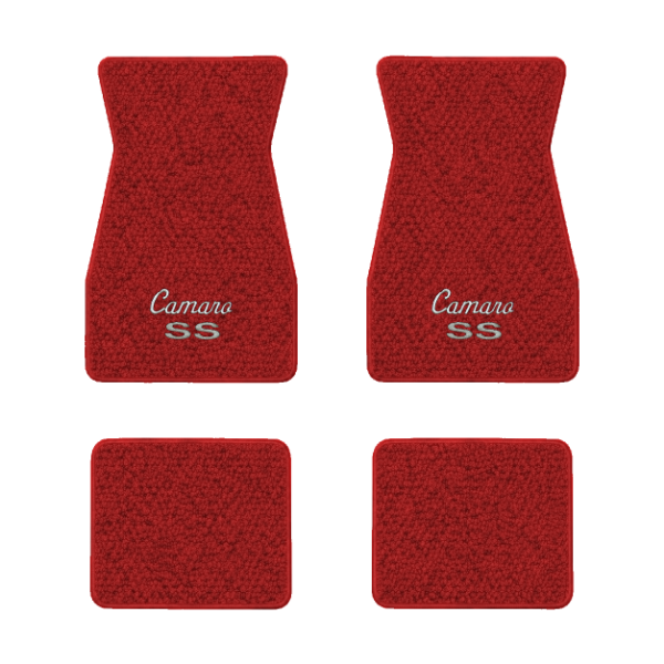 1970-1973 Chevrolet Camaro floor mats with the Camaro SS Script logo in Loop 02 Red carpet, illustration