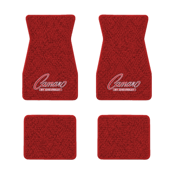 1970-1973 Chevrolet Camaro floor mats with the Camaro by Chevrolet Silver Outline logo in Loop 02 Red carpet, illustration