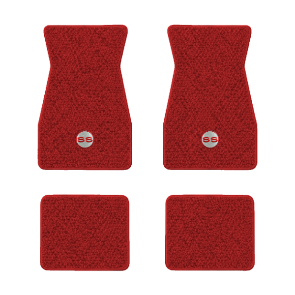 1970-1973 Chevrolet Camaro floor mats with the SS in Filled Circle logo in Loop 02 Red carpet, illustration